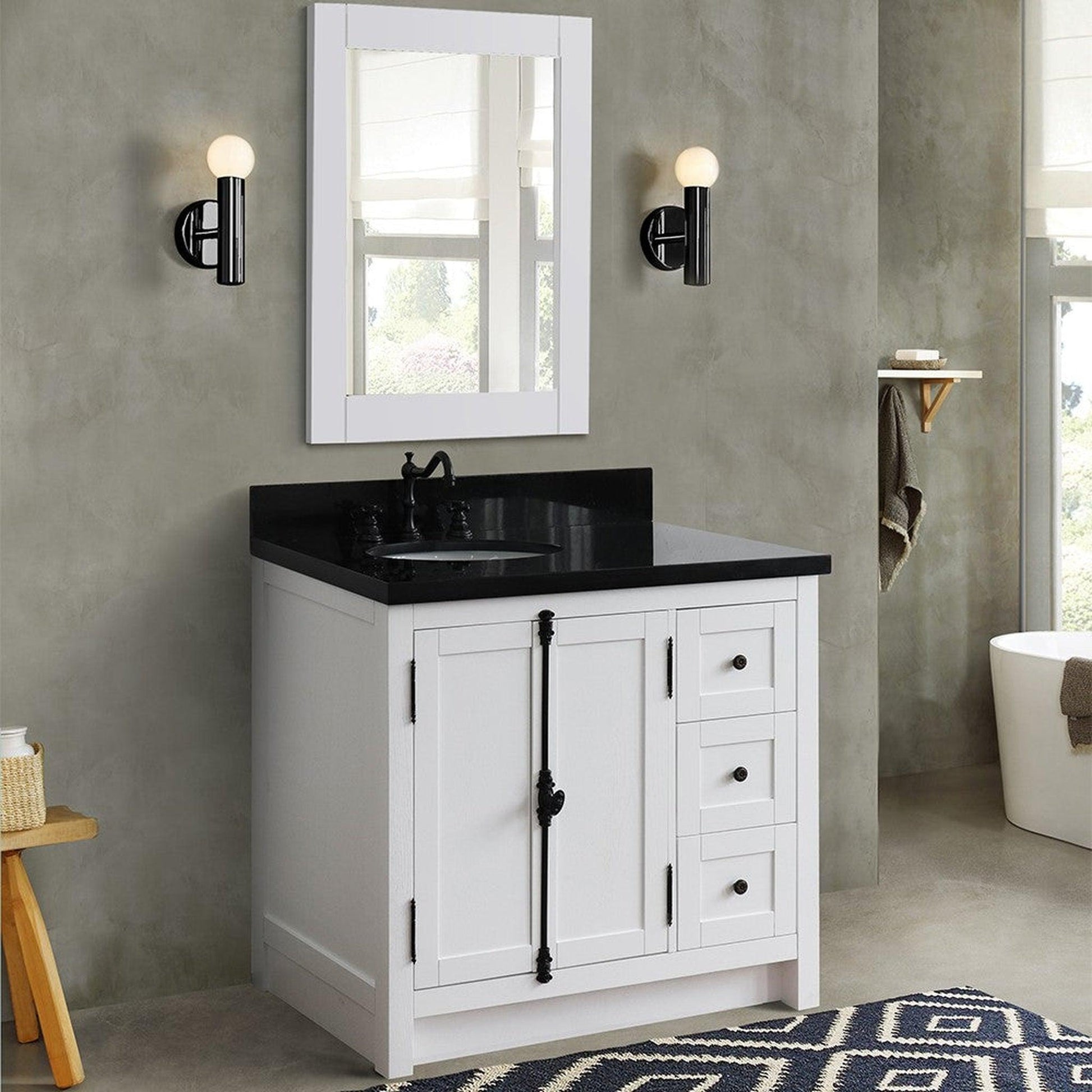 Bellaterra Home Plantation 37" 2-Door 3-Drawer Glacier Ash Freestanding Vanity Set With Ceramic Left Offset Undermount Oval Sink and Black Galaxy Top