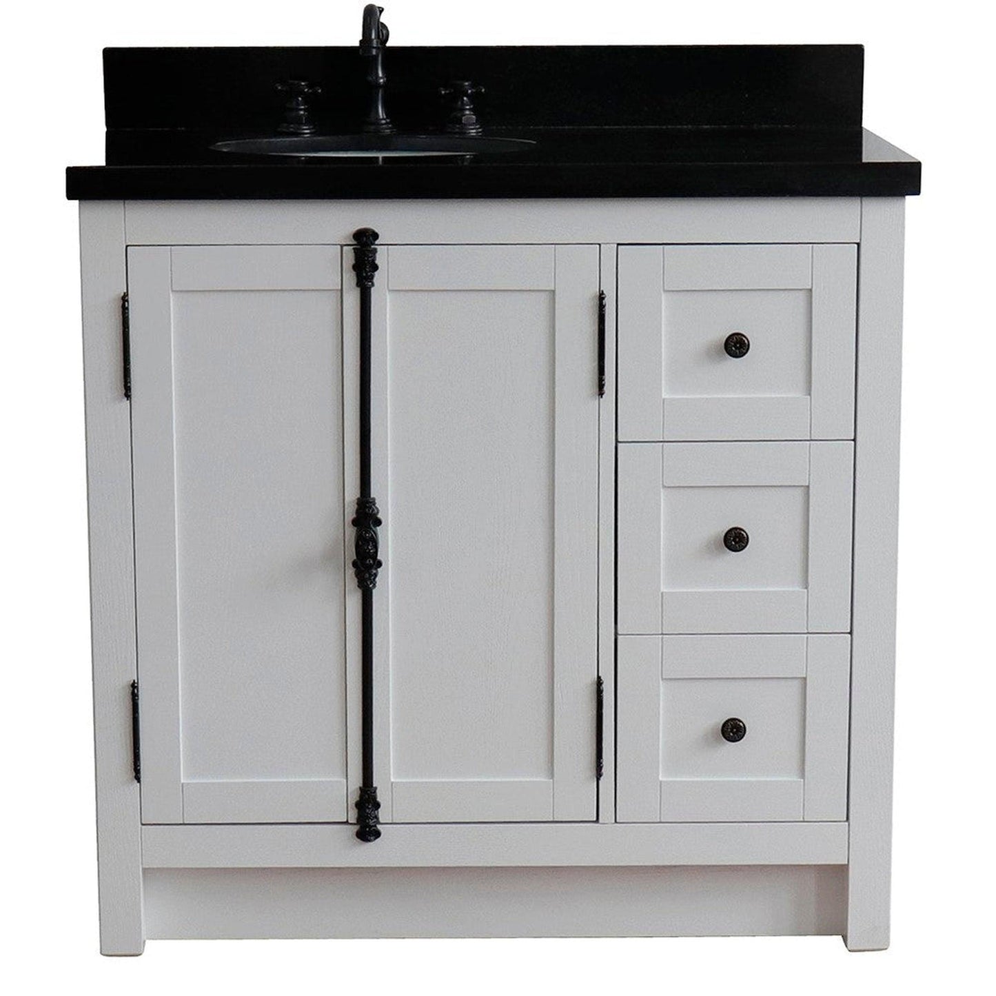 Bellaterra Home Plantation 37" 2-Door 3-Drawer Glacier Ash Freestanding Vanity Set With Ceramic Left Offset Undermount Oval Sink and Black Galaxy Top