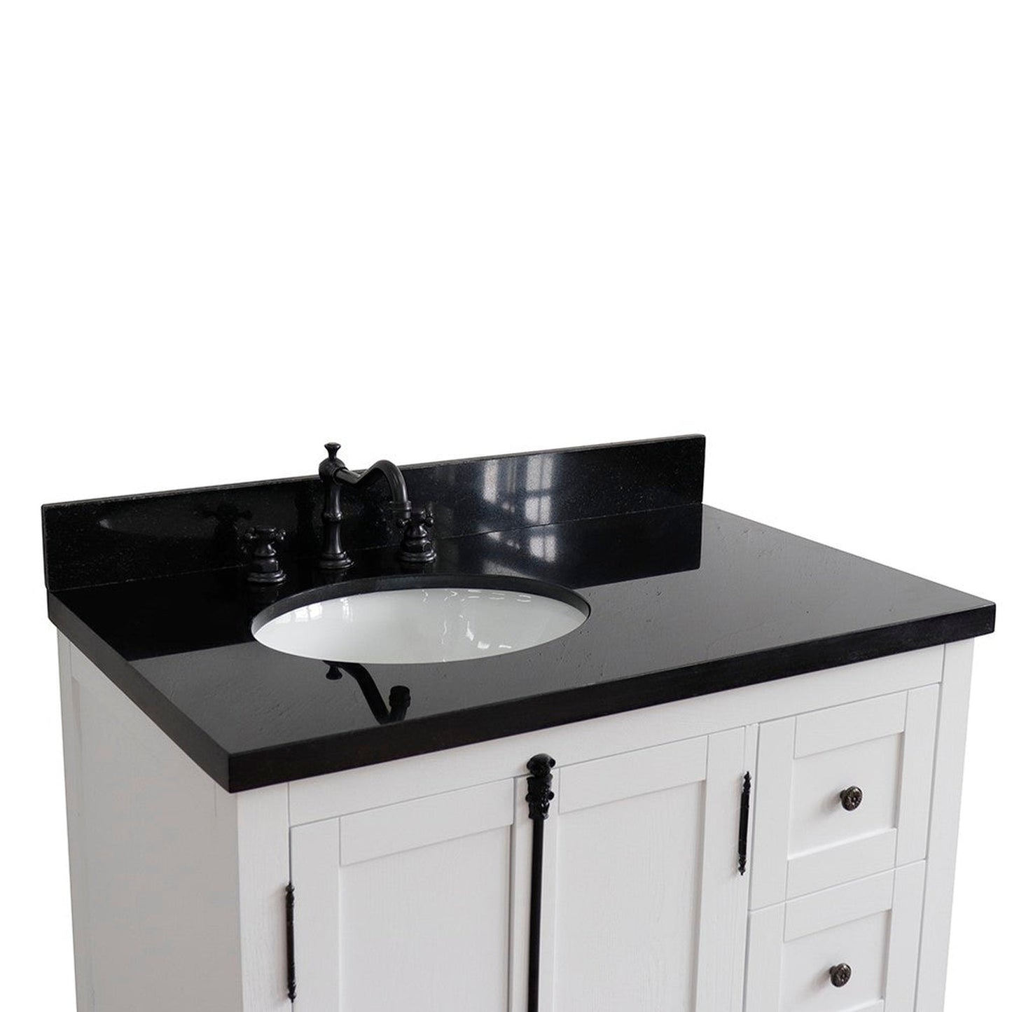 Bellaterra Home Plantation 37" 2-Door 3-Drawer Glacier Ash Freestanding Vanity Set With Ceramic Left Offset Undermount Oval Sink and Black Galaxy Top