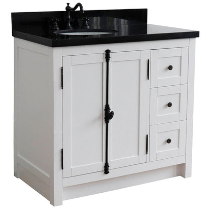 Bellaterra Home Plantation 37" 2-Door 3-Drawer Glacier Ash Freestanding Vanity Set With Ceramic Left Offset Undermount Oval Sink and Black Galaxy Top