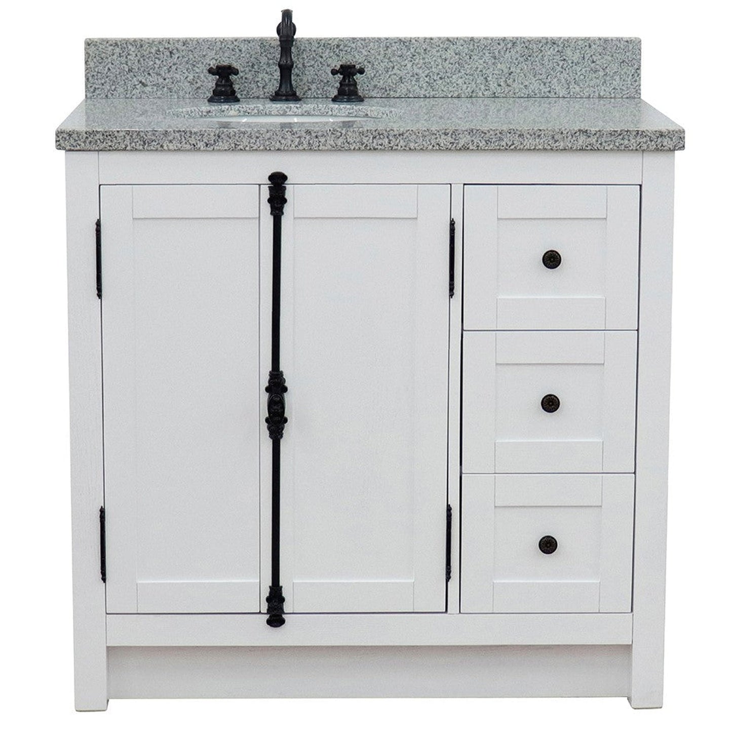 Bellaterra Home Plantation 37" 2-Door 3-Drawer Glacier Ash Freestanding Vanity Set With Ceramic Left Offset Undermount Oval Sink and Gray Granite Top