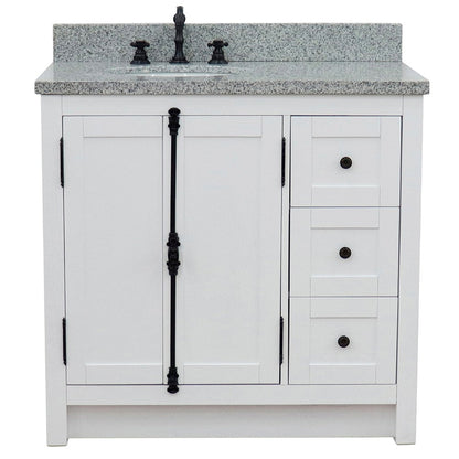 Bellaterra Home Plantation 37" 2-Door 3-Drawer Glacier Ash Freestanding Vanity Set With Ceramic Left Offset Undermount Oval Sink and Gray Granite Top