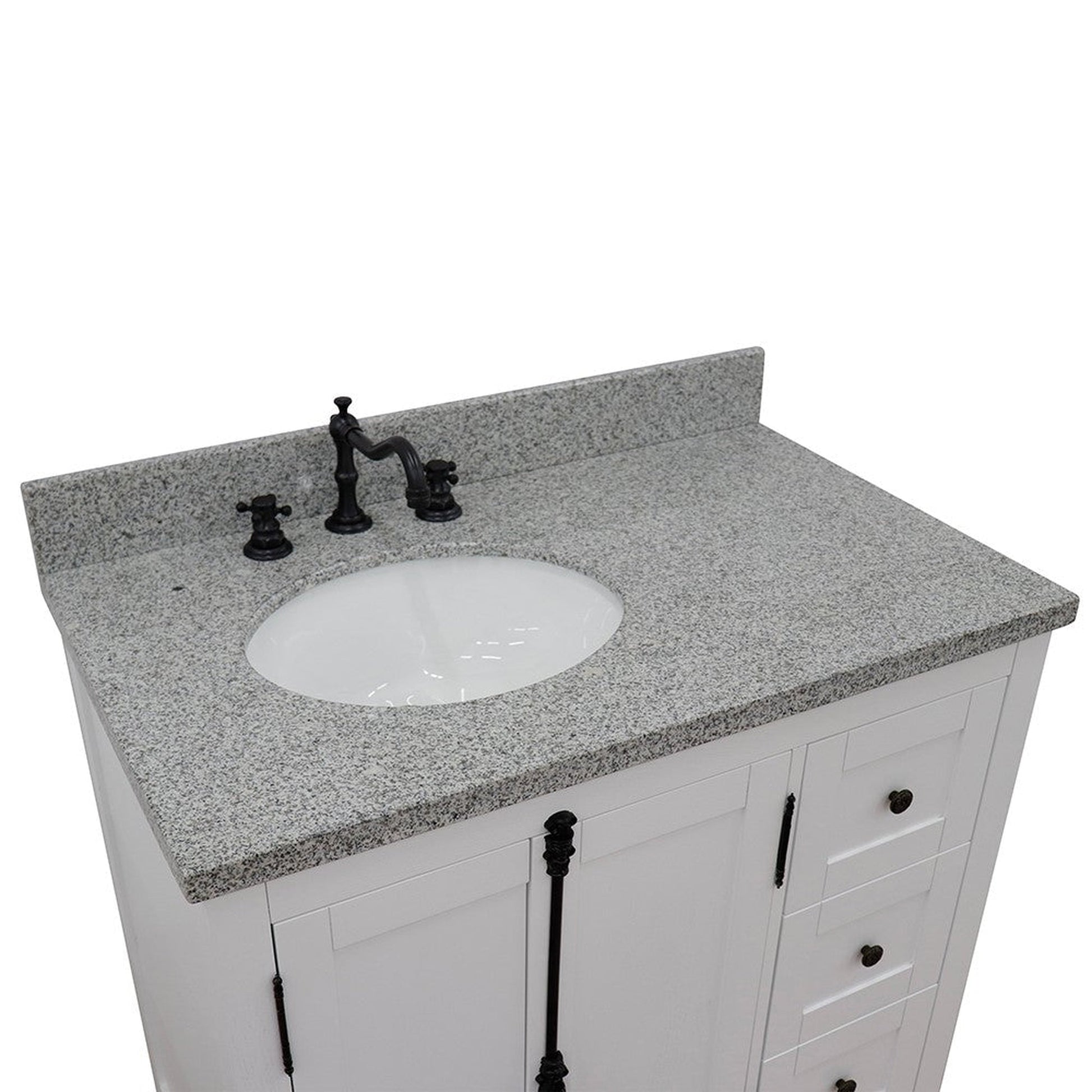 Bellaterra Home Plantation 37" 2-Door 3-Drawer Glacier Ash Freestanding Vanity Set With Ceramic Left Offset Undermount Oval Sink and Gray Granite Top