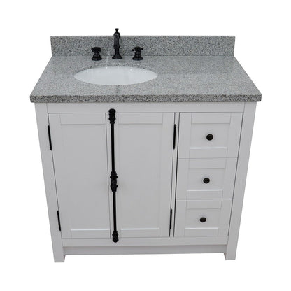 Bellaterra Home Plantation 37" 2-Door 3-Drawer Glacier Ash Freestanding Vanity Set With Ceramic Left Offset Undermount Oval Sink and Gray Granite Top