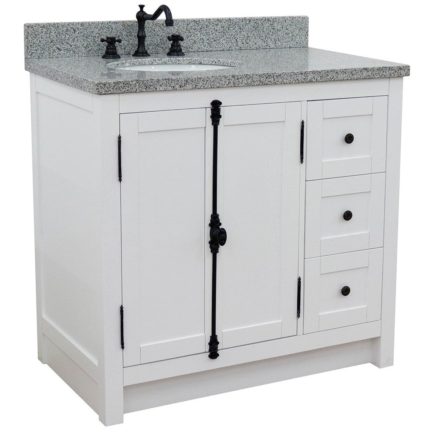 Bellaterra Home Plantation 37" 2-Door 3-Drawer Glacier Ash Freestanding Vanity Set With Ceramic Left Offset Undermount Oval Sink and Gray Granite Top