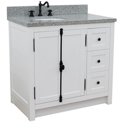 Bellaterra Home Plantation 37" 2-Door 3-Drawer Glacier Ash Freestanding Vanity Set With Ceramic Left Offset Undermount Oval Sink and Gray Granite Top