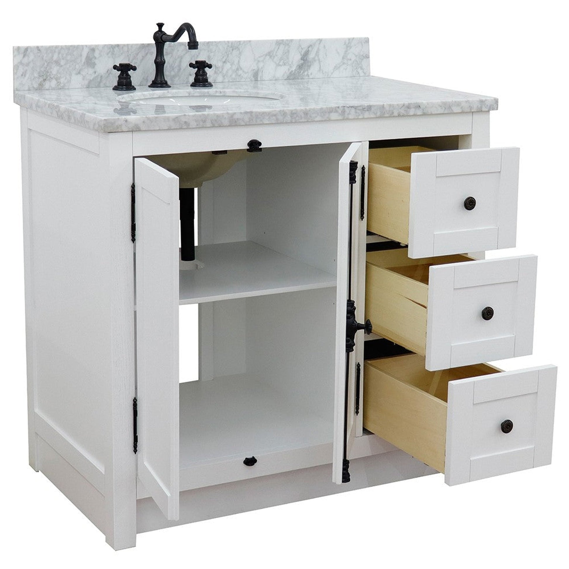 Bellaterra Home Plantation 37" 2-Door 3-Drawer Glacier Ash Freestanding Vanity Set With Ceramic Left Offset Undermount Oval Sink and White Carrara Marble Top