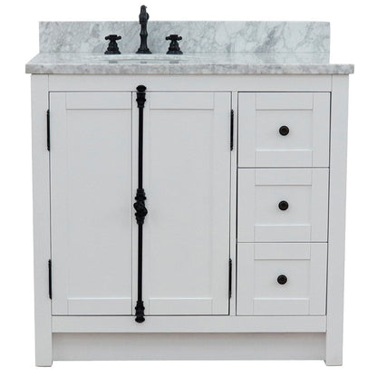 Bellaterra Home Plantation 37" 2-Door 3-Drawer Glacier Ash Freestanding Vanity Set With Ceramic Left Offset Undermount Oval Sink and White Carrara Marble Top