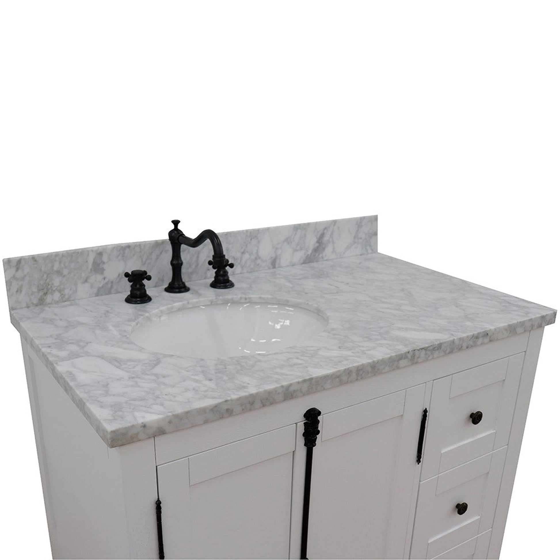 Bellaterra Home Plantation 37" 2-Door 3-Drawer Glacier Ash Freestanding Vanity Set With Ceramic Left Offset Undermount Oval Sink and White Carrara Marble Top