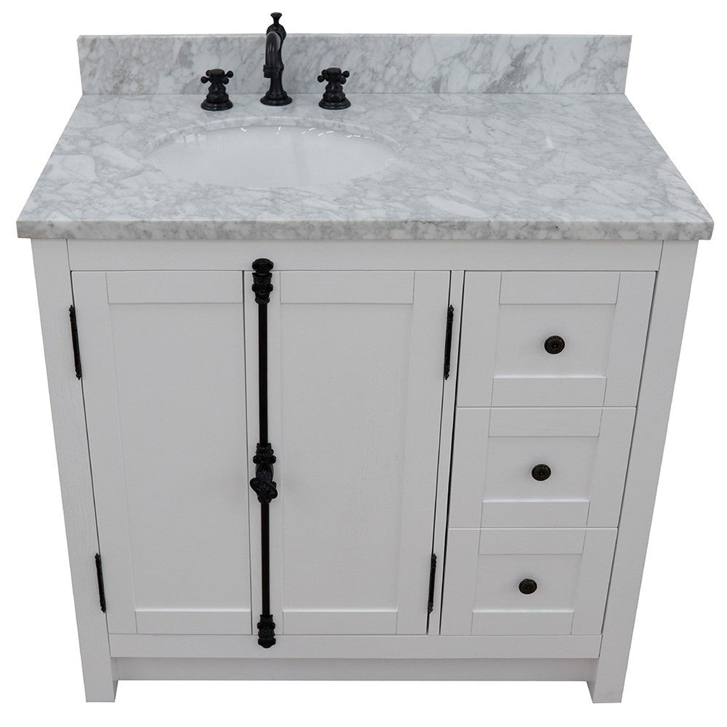 Bellaterra Home Plantation 37" 2-Door 3-Drawer Glacier Ash Freestanding Vanity Set With Ceramic Left Offset Undermount Oval Sink and White Carrara Marble Top