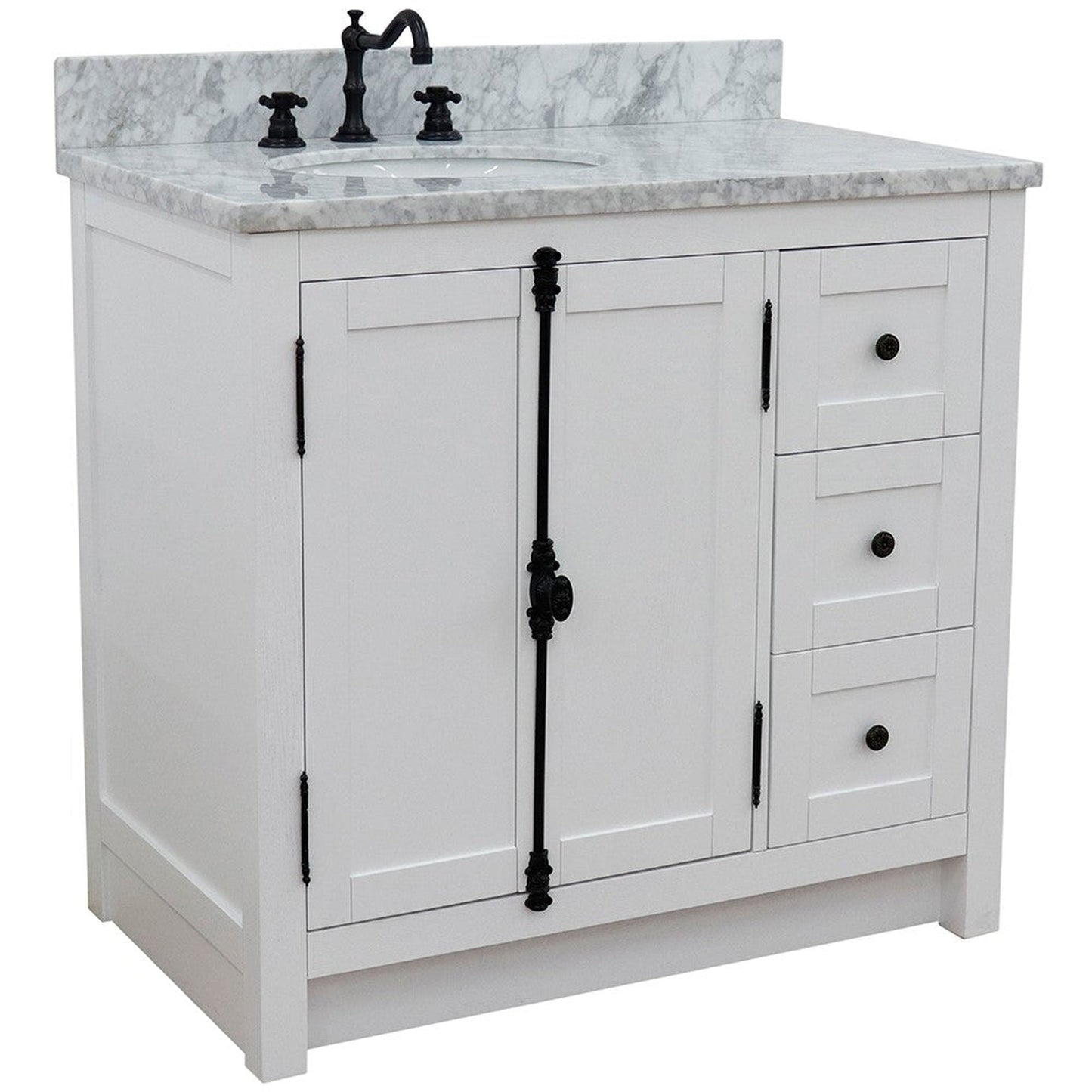 Bellaterra Home Plantation 37" 2-Door 3-Drawer Glacier Ash Freestanding Vanity Set With Ceramic Left Offset Undermount Oval Sink and White Carrara Marble Top