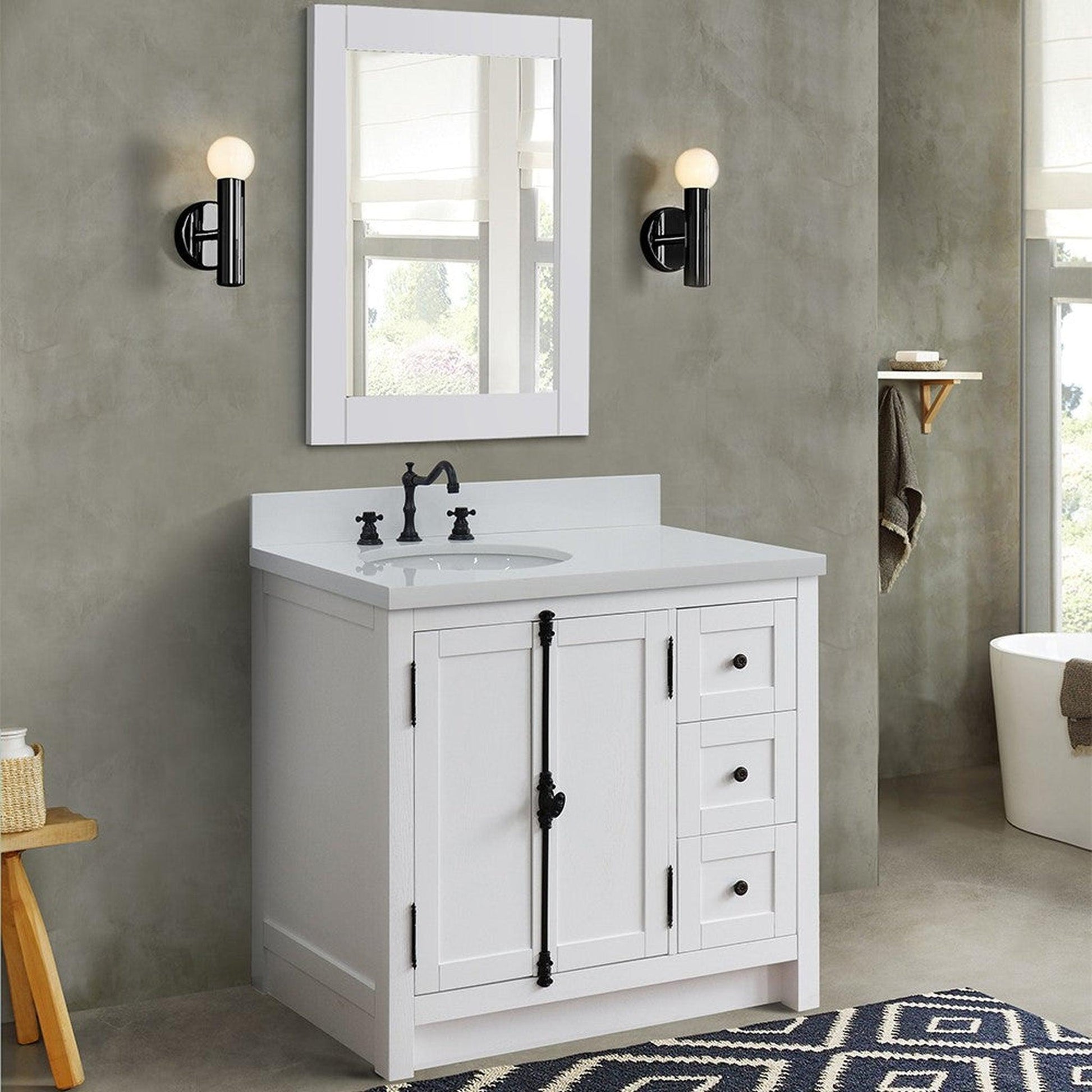 Bellaterra Home Plantation 37" 2-Door 3-Drawer Glacier Ash Freestanding Vanity Set With Ceramic Left Offset Undermount Oval Sink and White Quartz Top