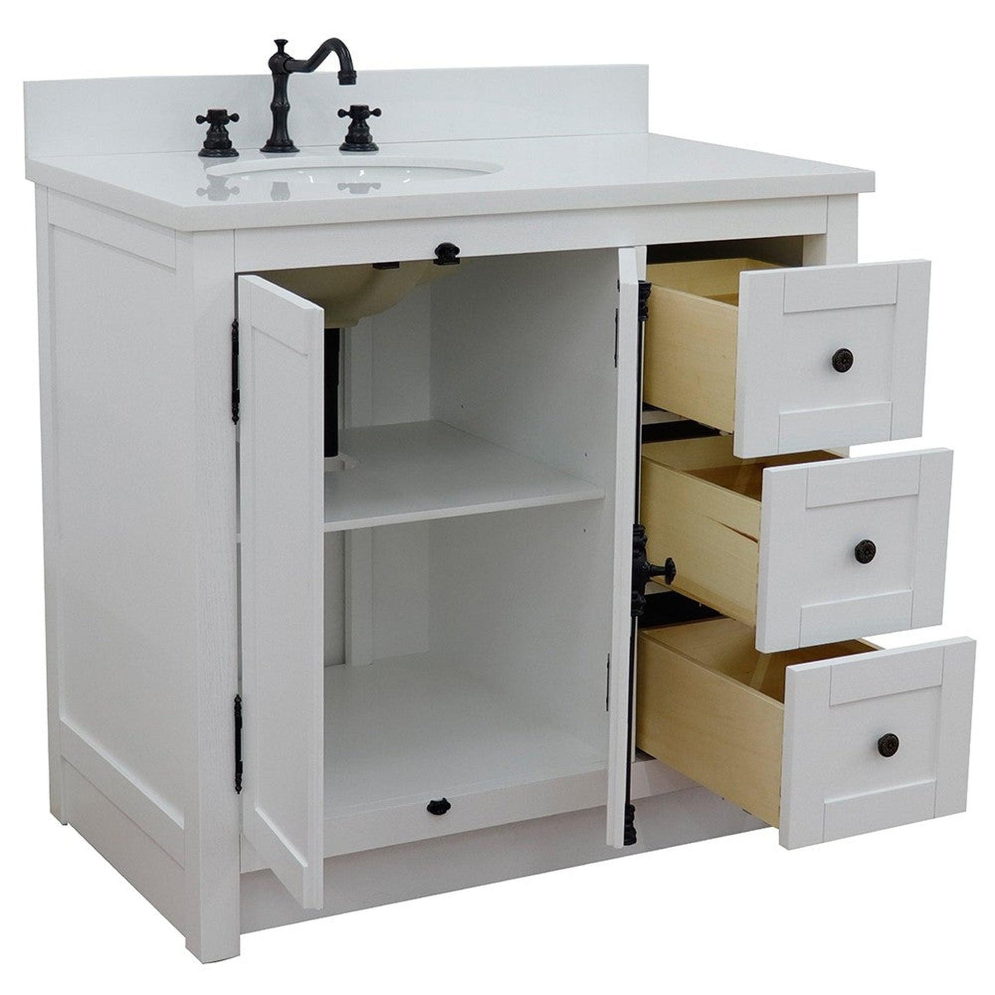 Bellaterra Home Plantation 37" 2-Door 3-Drawer Glacier Ash Freestanding Vanity Set With Ceramic Left Offset Undermount Oval Sink and White Quartz Top