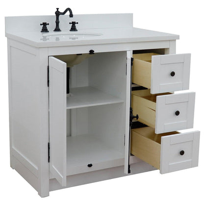 Bellaterra Home Plantation 37" 2-Door 3-Drawer Glacier Ash Freestanding Vanity Set With Ceramic Left Offset Undermount Oval Sink and White Quartz Top