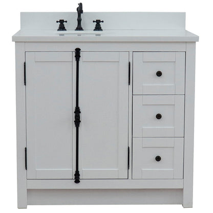 Bellaterra Home Plantation 37" 2-Door 3-Drawer Glacier Ash Freestanding Vanity Set With Ceramic Left Offset Undermount Oval Sink and White Quartz Top