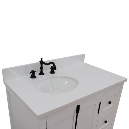 Bellaterra Home Plantation 37" 2-Door 3-Drawer Glacier Ash Freestanding Vanity Set With Ceramic Left Offset Undermount Oval Sink and White Quartz Top