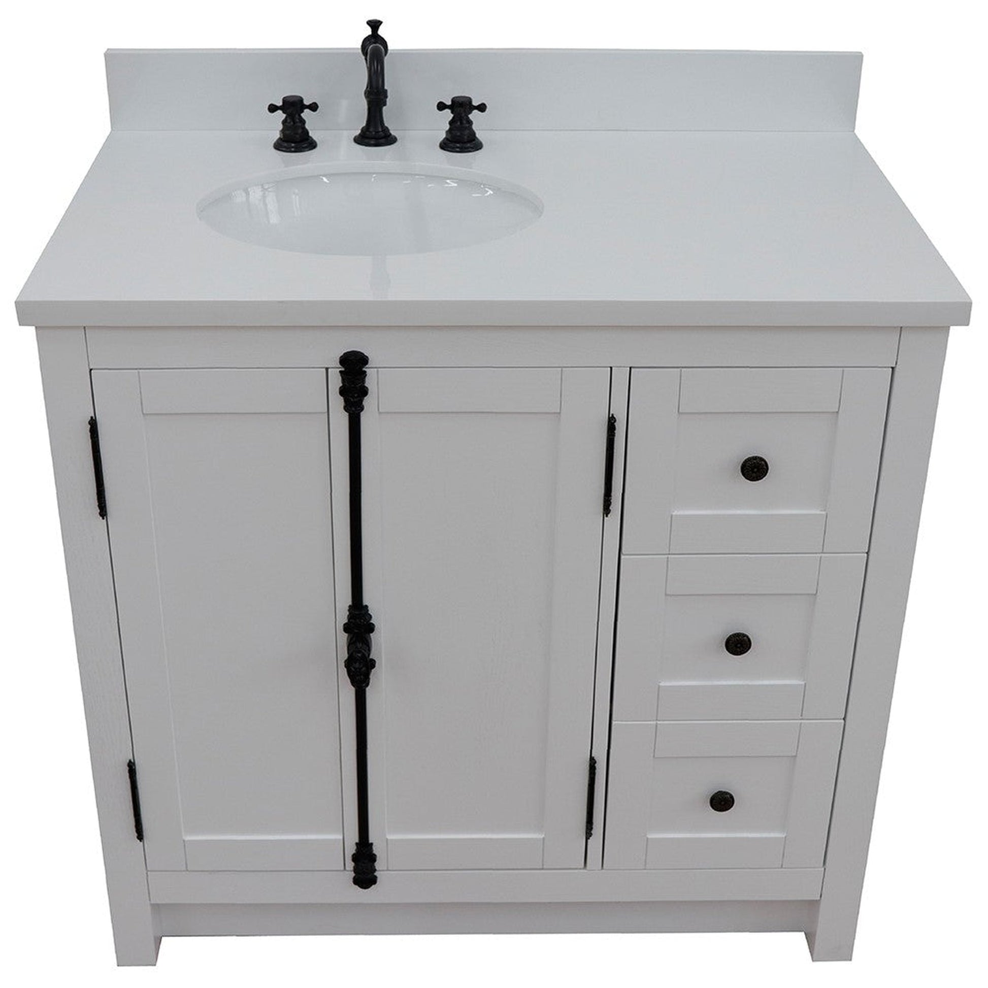 Bellaterra Home Plantation 37" 2-Door 3-Drawer Glacier Ash Freestanding Vanity Set With Ceramic Left Offset Undermount Oval Sink and White Quartz Top