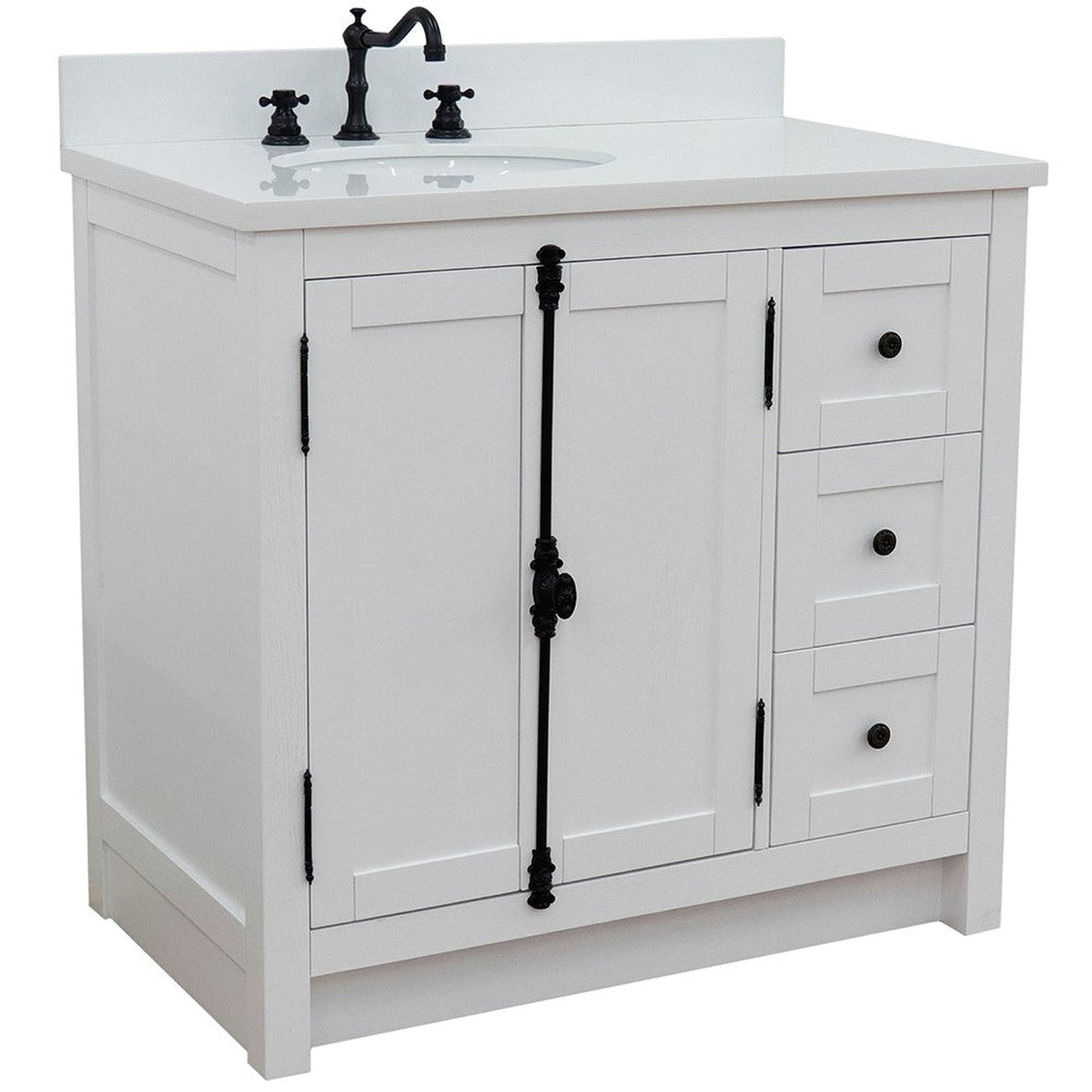 Bellaterra Home Plantation 37" 2-Door 3-Drawer Glacier Ash Freestanding Vanity Set With Ceramic Left Offset Undermount Oval Sink and White Quartz Top