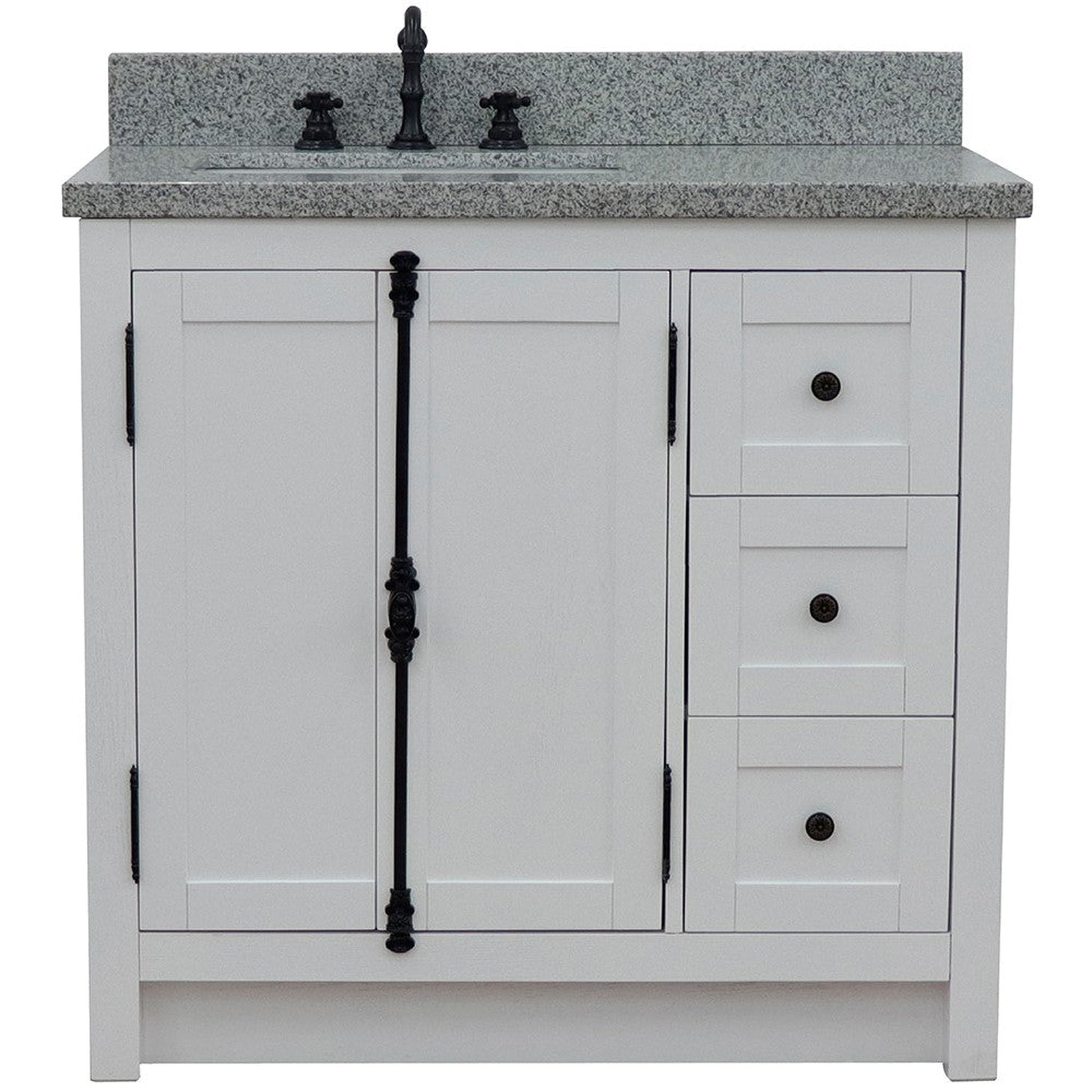 Bellaterra Home Plantation 37" 2-Door 3-Drawer Glacier Ash Freestanding Vanity Set With Ceramic Left Offset Undermount Rectangle Sink and Gray Granite Top