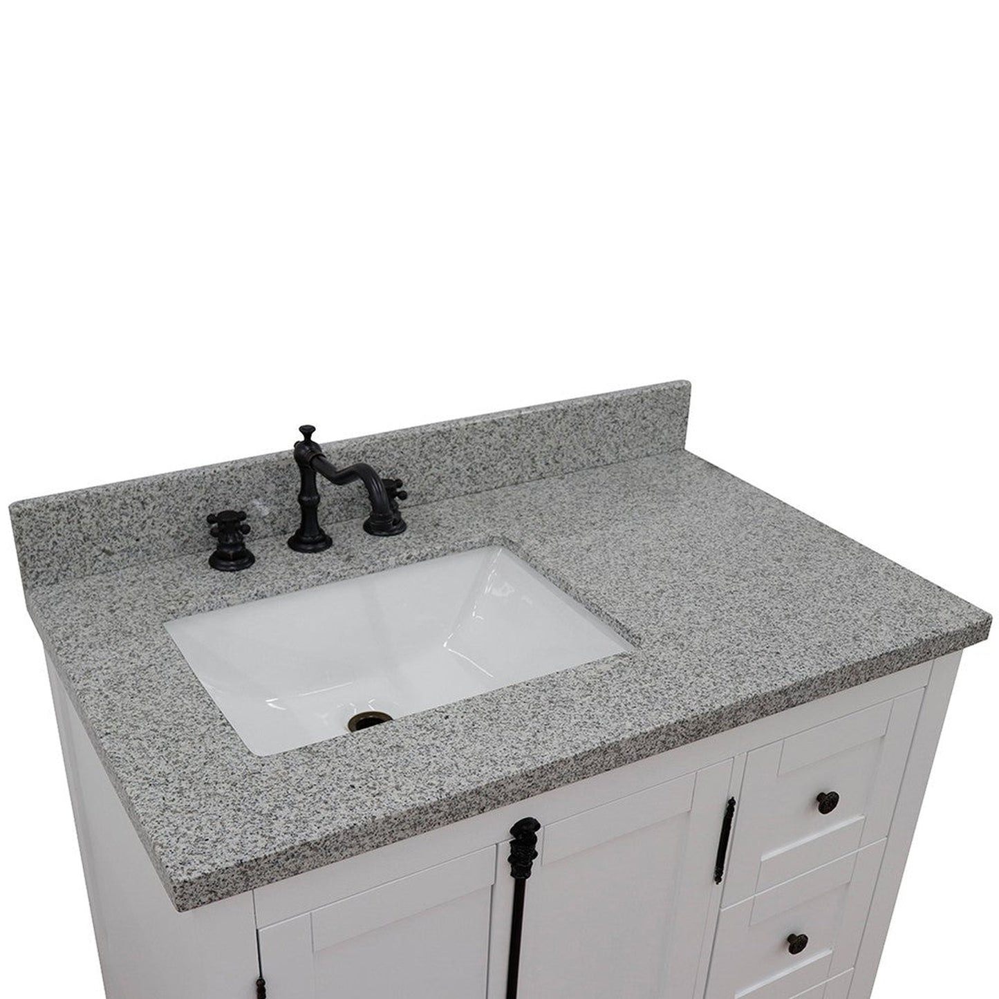 Bellaterra Home Plantation 37" 2-Door 3-Drawer Glacier Ash Freestanding Vanity Set With Ceramic Left Offset Undermount Rectangle Sink and Gray Granite Top