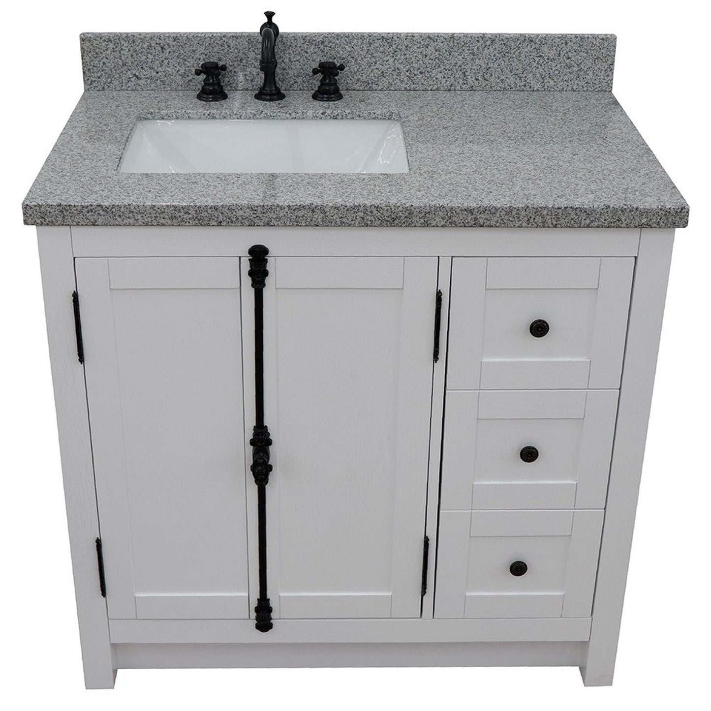 Bellaterra Home Plantation 37" 2-Door 3-Drawer Glacier Ash Freestanding Vanity Set With Ceramic Left Offset Undermount Rectangle Sink and Gray Granite Top