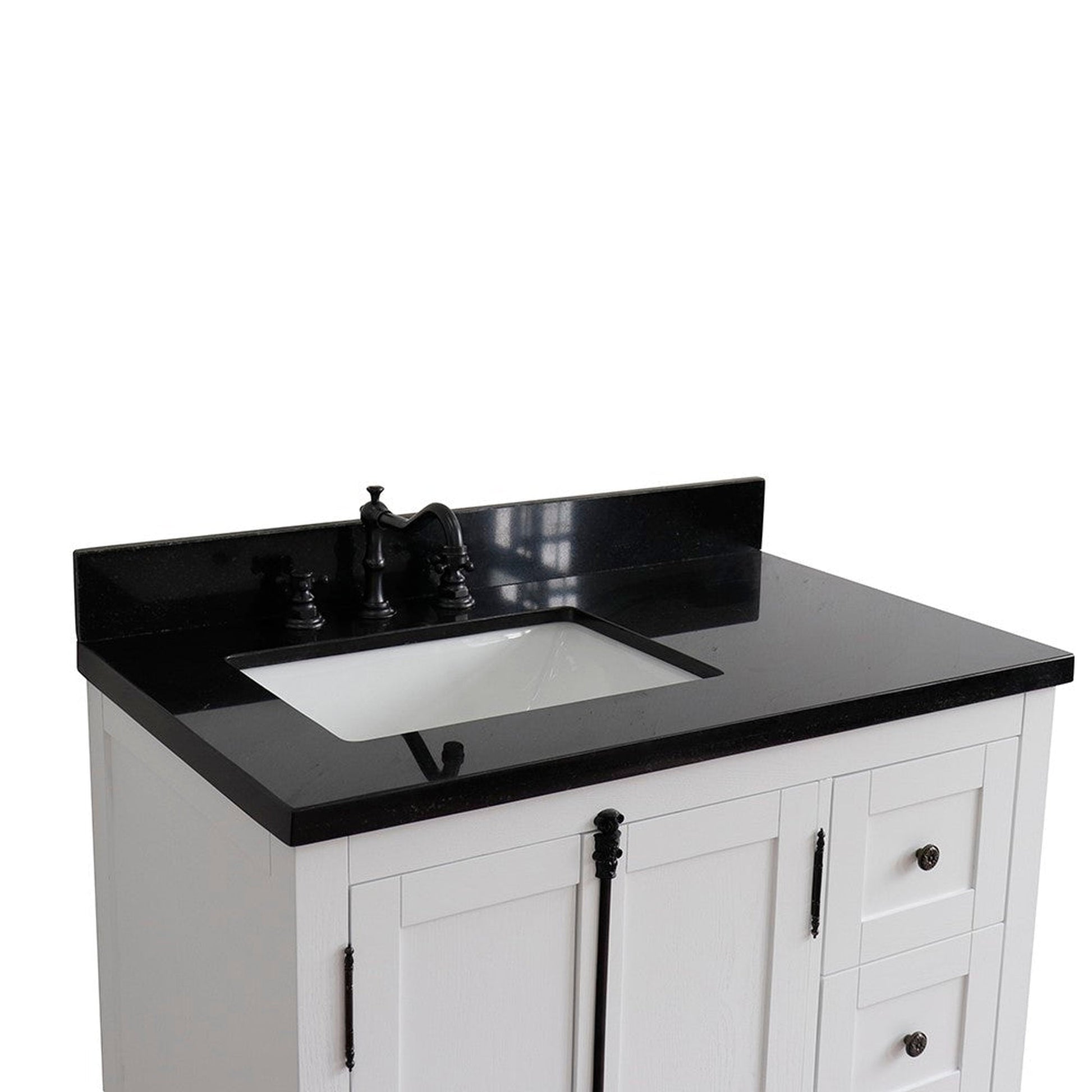 Bellaterra Home Plantation 37" 2-Door 3-Drawer Glacier Ash Freestanding Vanity Set With Ceramic Left Offset Undermount Rectangular Sink and Black Galaxy Top