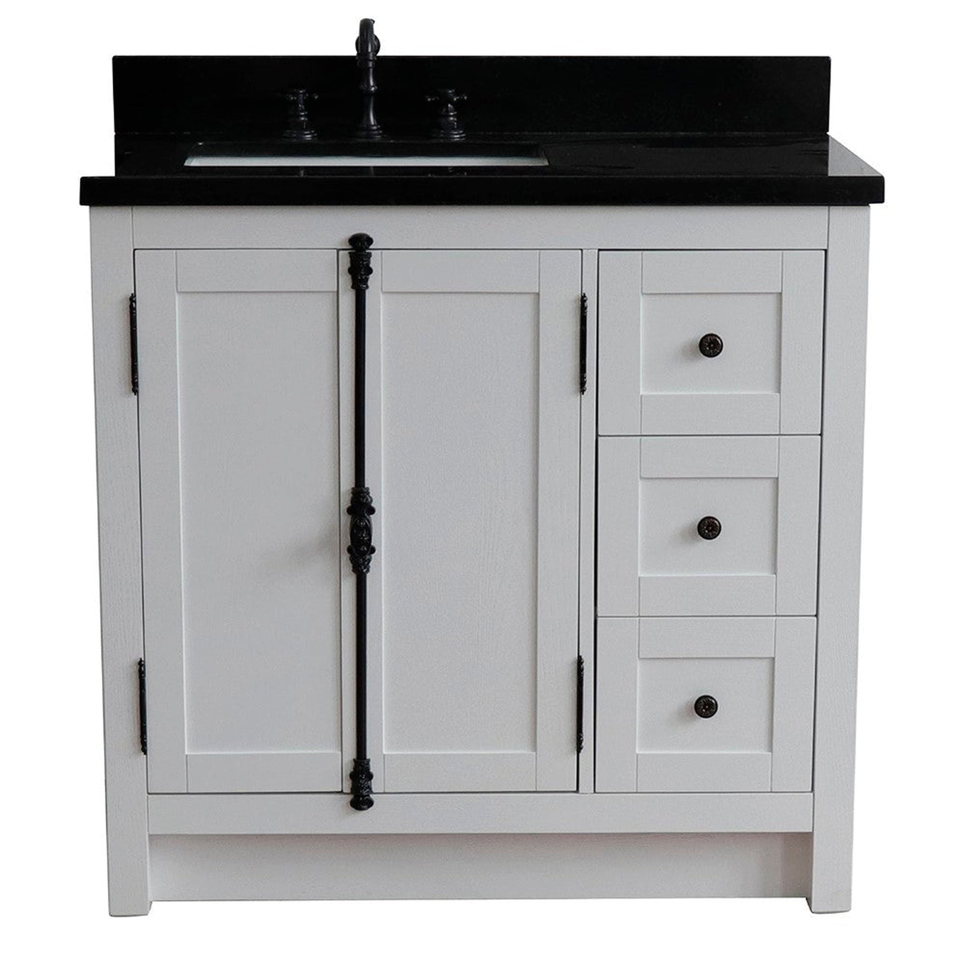 Bellaterra Home Plantation 37" 2-Door 3-Drawer Glacier Ash Freestanding Vanity Set With Ceramic Left Offset Undermount Rectangular Sink and Black Galaxy Top