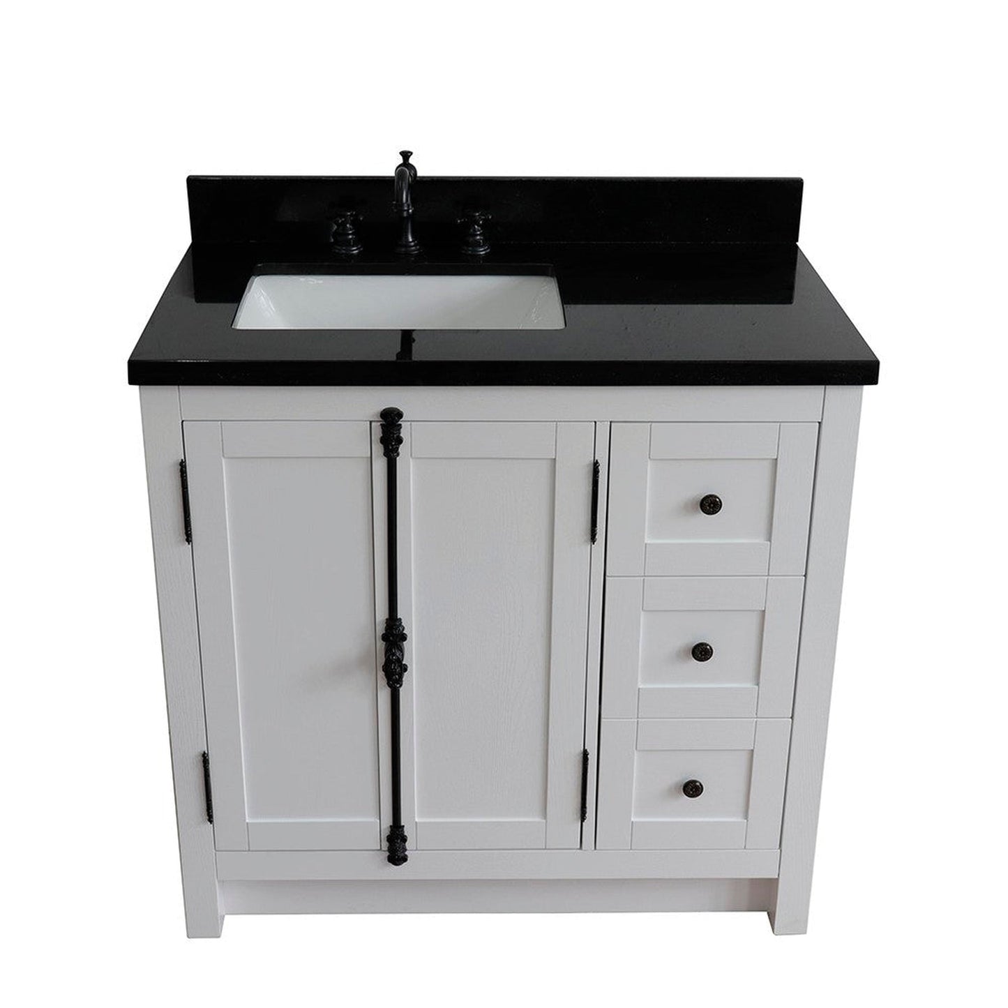 Bellaterra Home Plantation 37" 2-Door 3-Drawer Glacier Ash Freestanding Vanity Set With Ceramic Left Offset Undermount Rectangular Sink and Black Galaxy Top