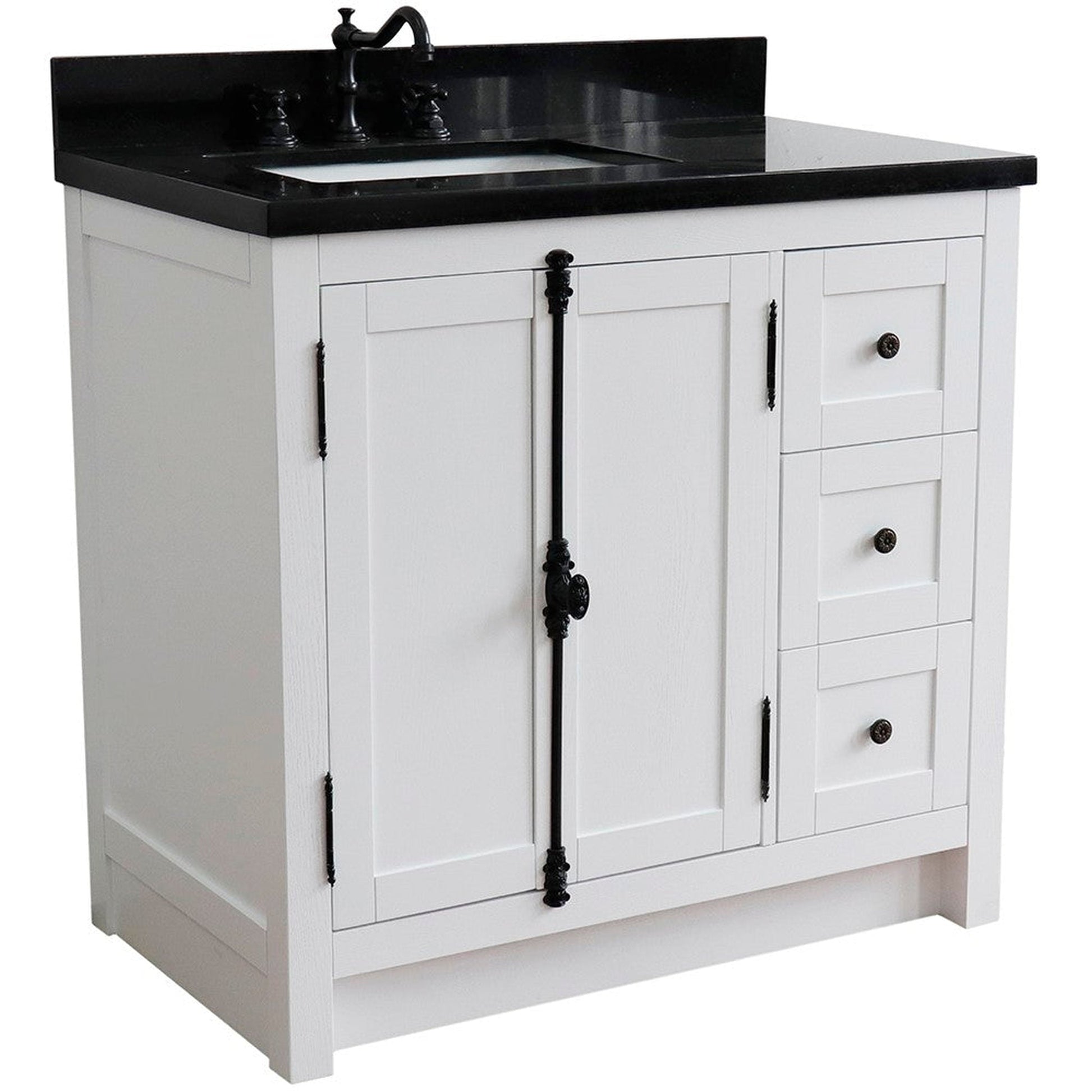 Bellaterra Home Plantation 37" 2-Door 3-Drawer Glacier Ash Freestanding Vanity Set With Ceramic Left Offset Undermount Rectangular Sink and Black Galaxy Top