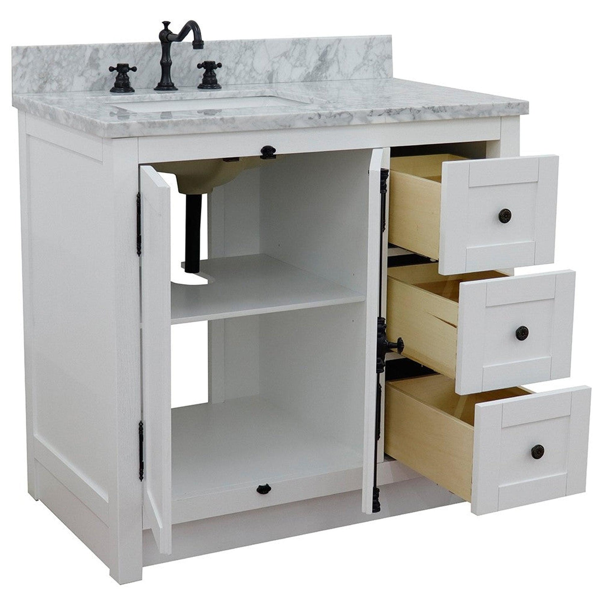 Bellaterra Home Plantation 37" 2-Door 3-Drawer Glacier Ash Freestanding Vanity Set With Ceramic Left Offset Undermount Rectangular Sink and White Carrara Marble Top