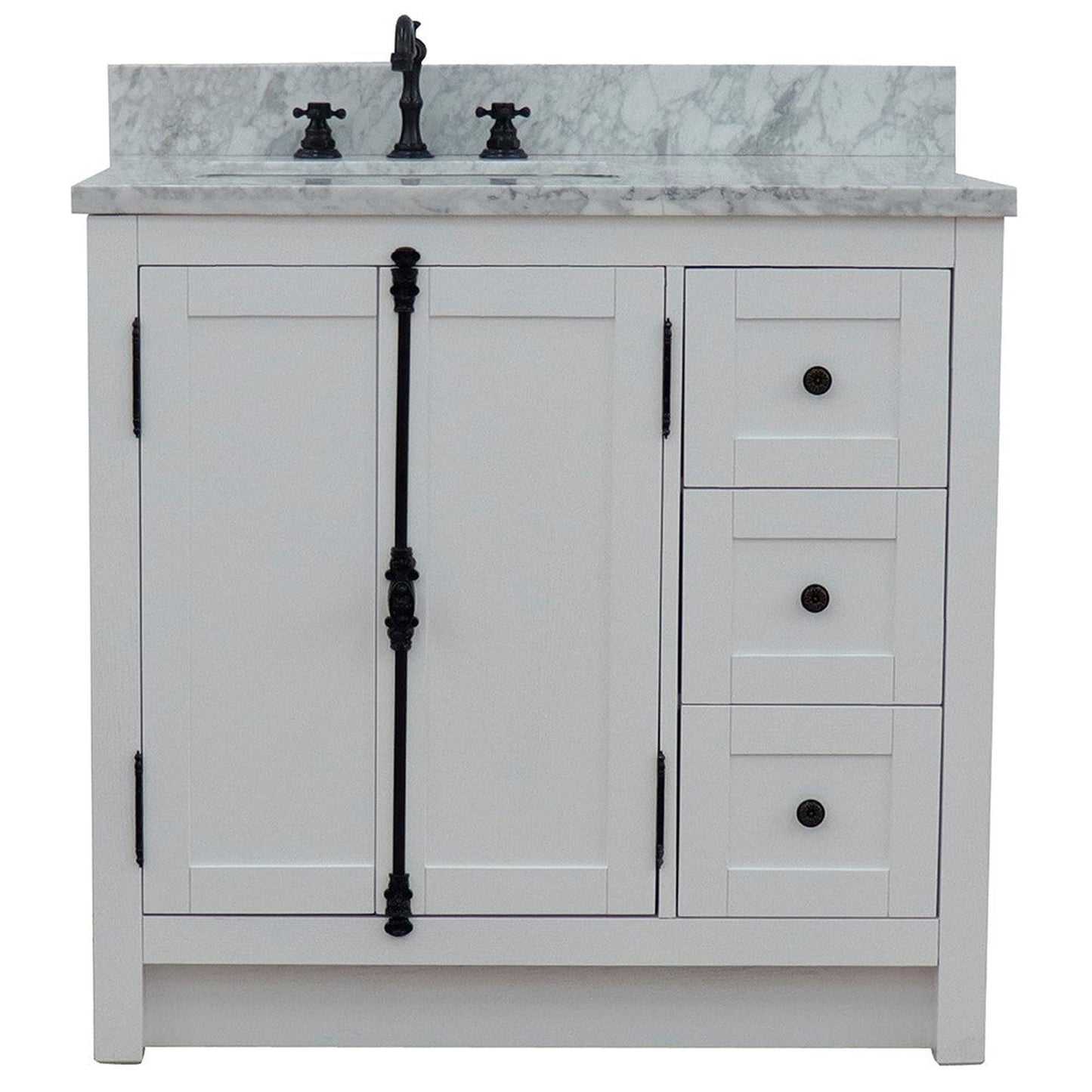 Bellaterra Home Plantation 37" 2-Door 3-Drawer Glacier Ash Freestanding Vanity Set With Ceramic Left Offset Undermount Rectangular Sink and White Carrara Marble Top