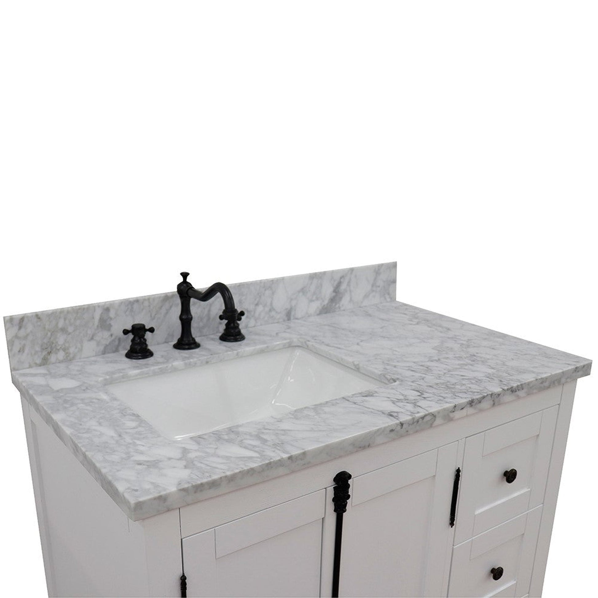 Bellaterra Home Plantation 37" 2-Door 3-Drawer Glacier Ash Freestanding Vanity Set With Ceramic Left Offset Undermount Rectangular Sink and White Carrara Marble Top