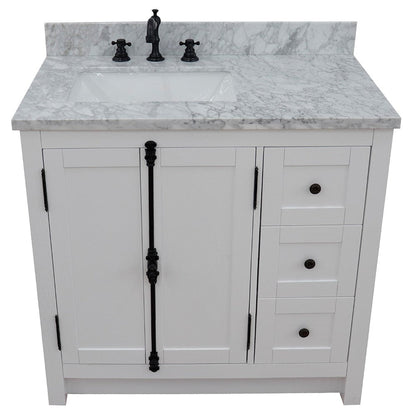 Bellaterra Home Plantation 37" 2-Door 3-Drawer Glacier Ash Freestanding Vanity Set With Ceramic Left Offset Undermount Rectangular Sink and White Carrara Marble Top