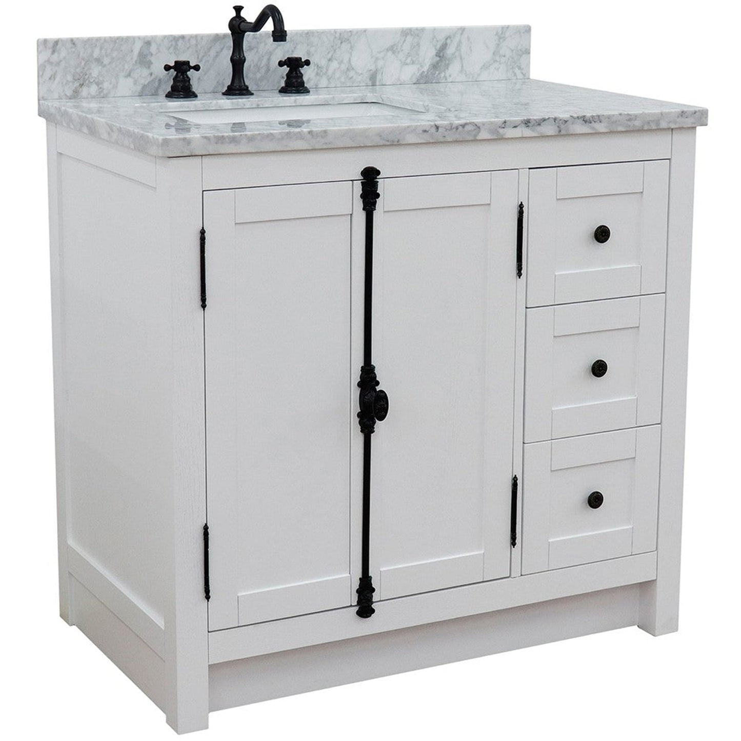 Bellaterra Home Plantation 37" 2-Door 3-Drawer Glacier Ash Freestanding Vanity Set With Ceramic Left Offset Undermount Rectangular Sink and White Carrara Marble Top