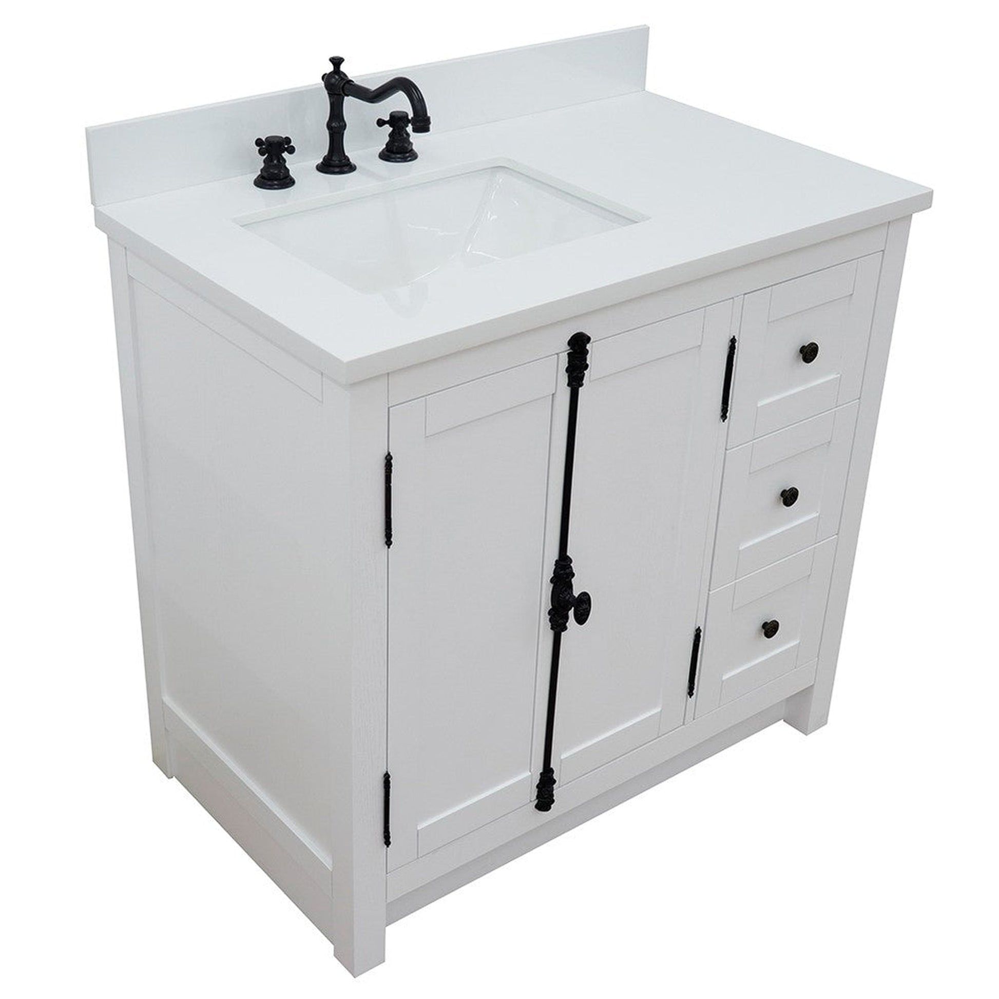 Bellaterra Home Plantation 37" 2-Door 3-Drawer Glacier Ash Freestanding Vanity Set With Ceramic Left Offset Undermount Rectangular Sink and White Quartz Top