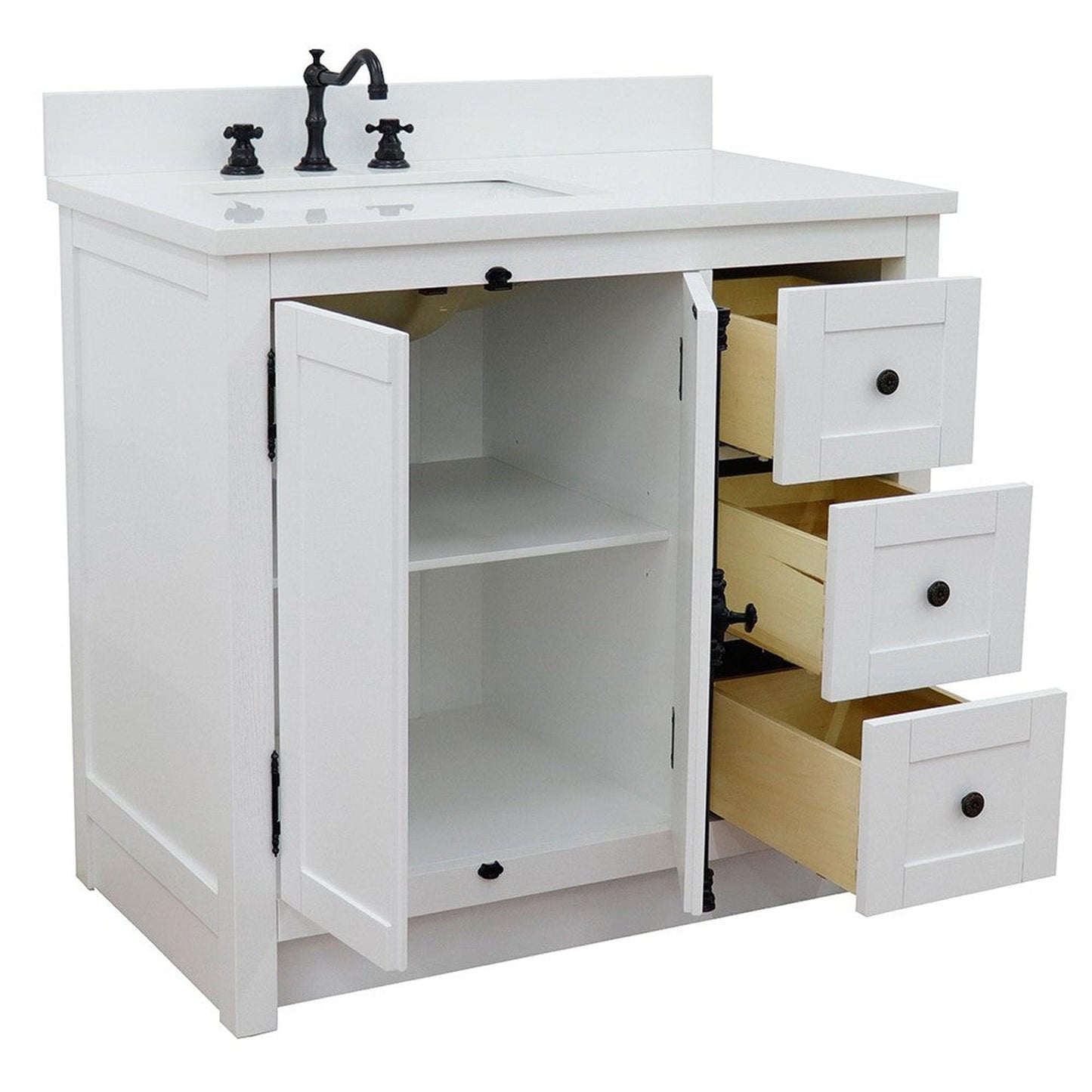 Bellaterra Home Plantation 37" 2-Door 3-Drawer Glacier Ash Freestanding Vanity Set With Ceramic Left Offset Undermount Rectangular Sink and White Quartz Top