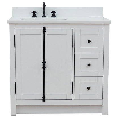 Bellaterra Home Plantation 37" 2-Door 3-Drawer Glacier Ash Freestanding Vanity Set With Ceramic Left Offset Undermount Rectangular Sink and White Quartz Top