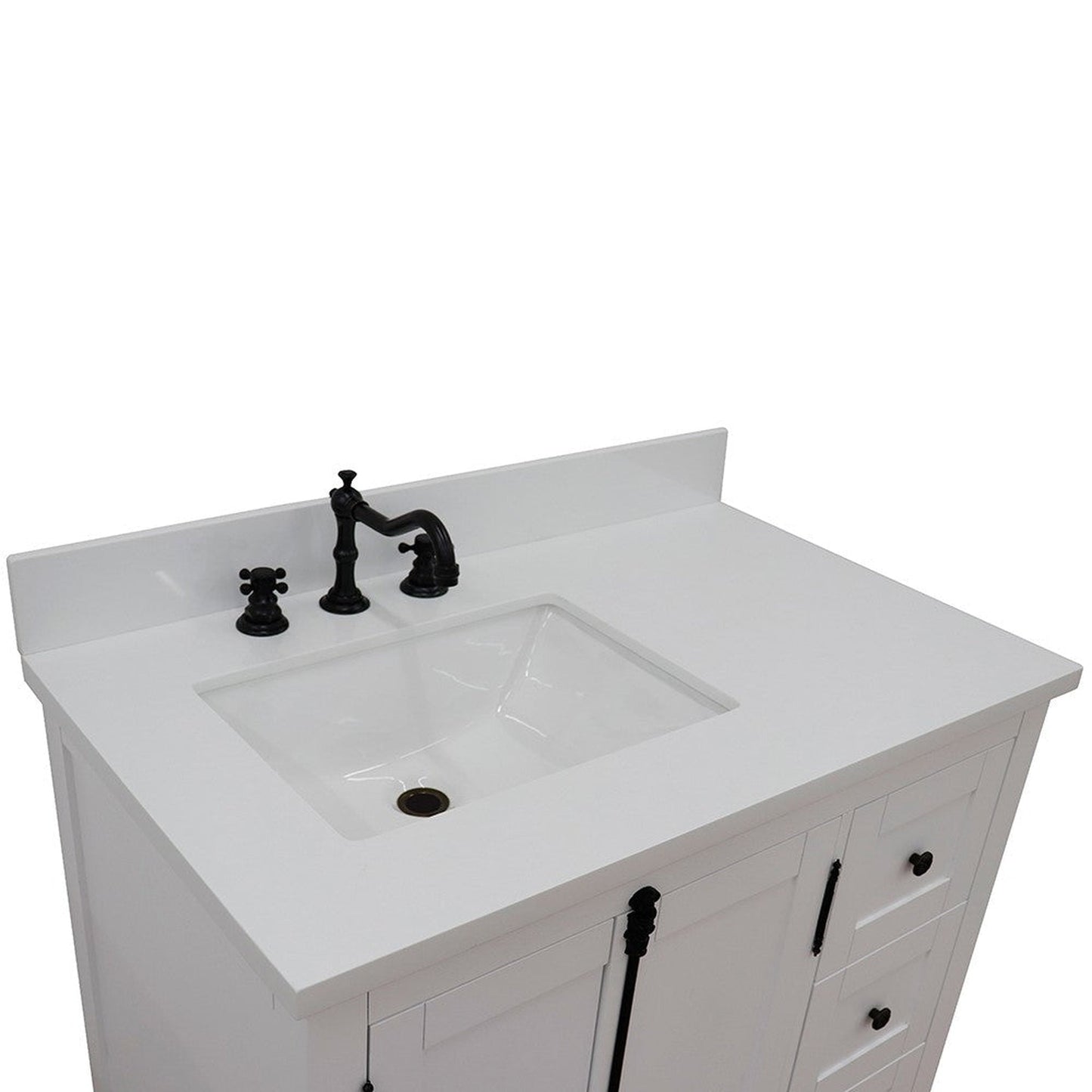 Bellaterra Home Plantation 37" 2-Door 3-Drawer Glacier Ash Freestanding Vanity Set With Ceramic Left Offset Undermount Rectangular Sink and White Quartz Top