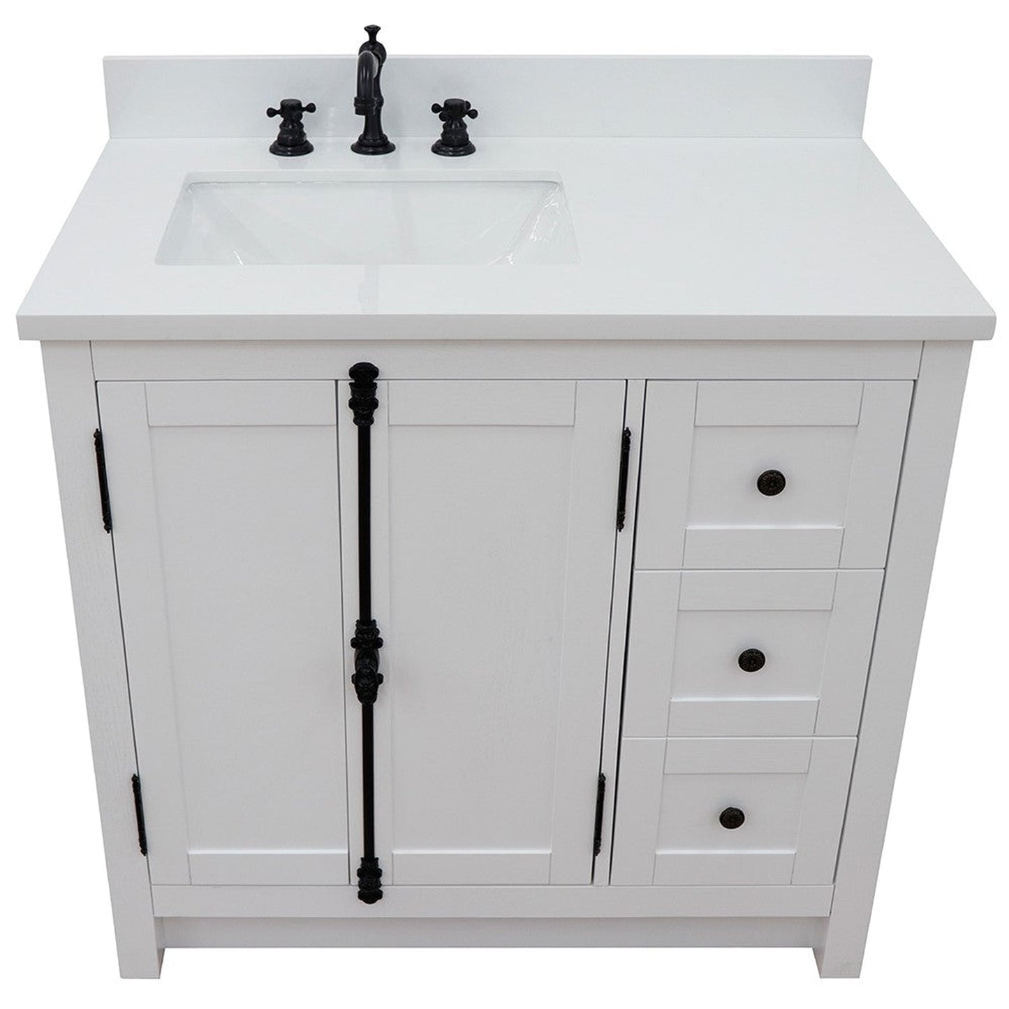 Bellaterra Home Plantation 37" 2-Door 3-Drawer Glacier Ash Freestanding Vanity Set With Ceramic Left Offset Undermount Rectangular Sink and White Quartz Top