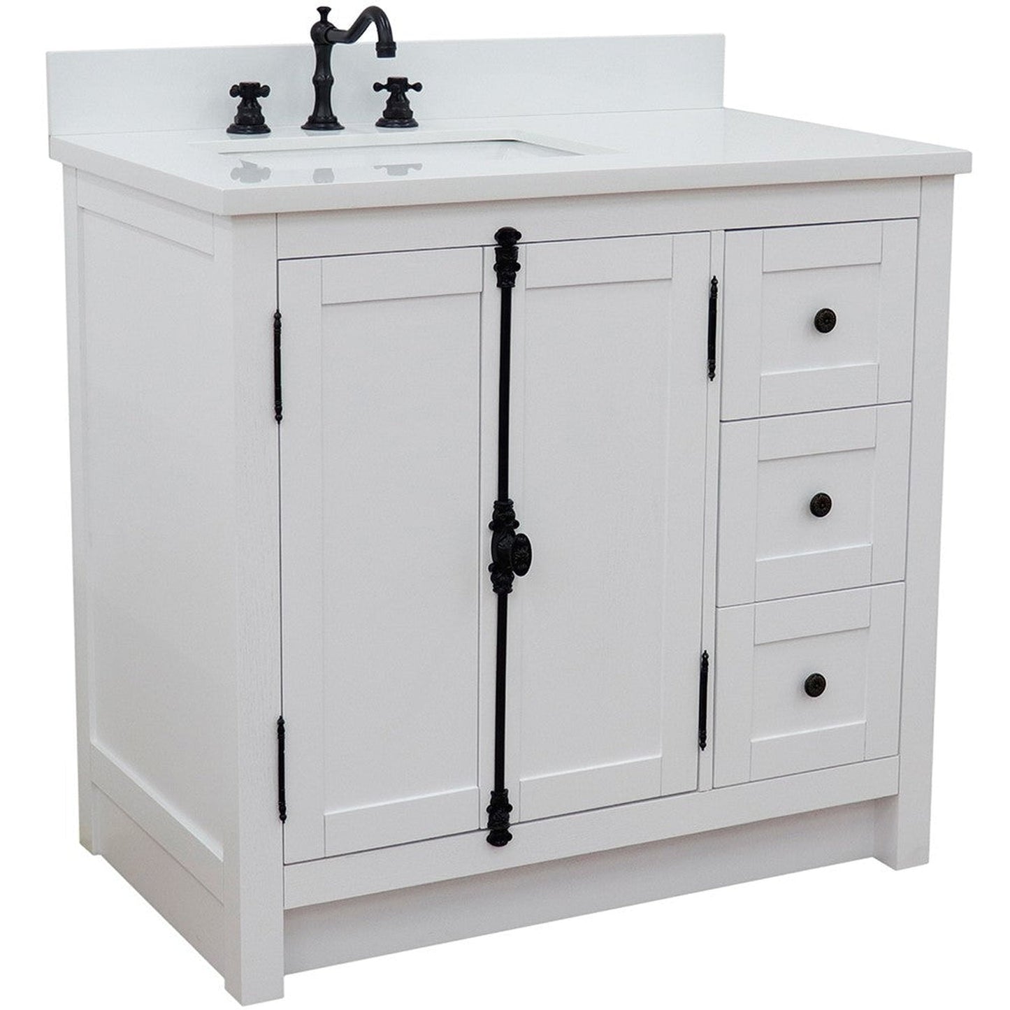 Bellaterra Home Plantation 37" 2-Door 3-Drawer Glacier Ash Freestanding Vanity Set With Ceramic Left Offset Undermount Rectangular Sink and White Quartz Top