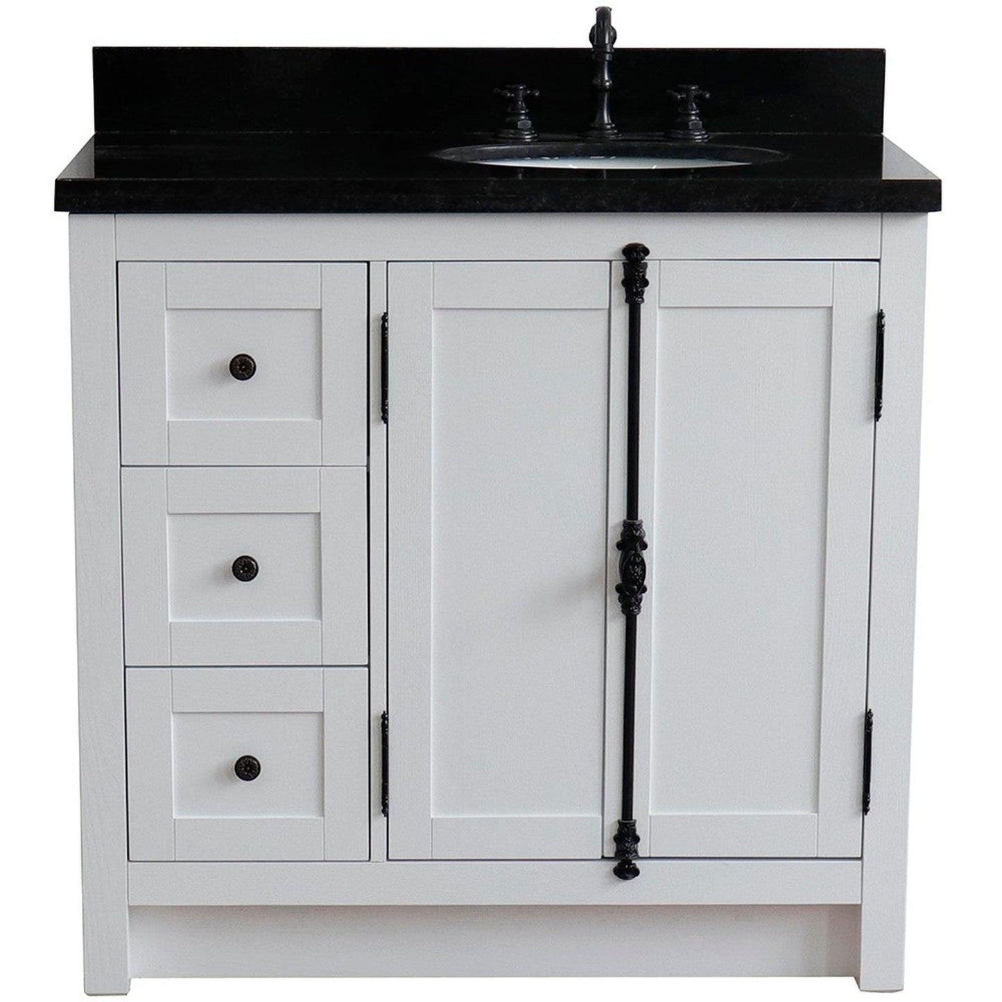 Bellaterra Home Plantation 37" 2-Door 3-Drawer Glacier Ash Freestanding Vanity Set With Ceramic Right Offset Undermount Oval Sink and Black Galaxy Top