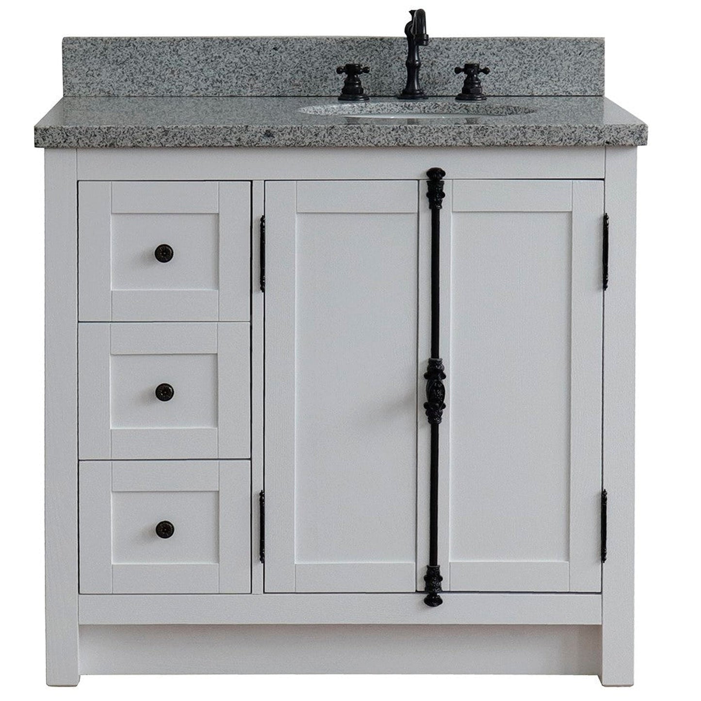 Bellaterra Home Plantation 37" 2-Door 3-Drawer Glacier Ash Freestanding Vanity Set With Ceramic Right Offset Undermount Oval Sink and Gray Granite Top