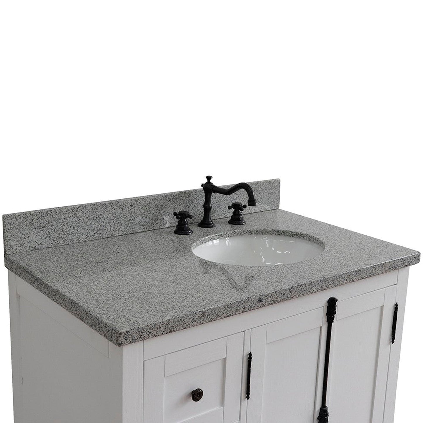 Bellaterra Home Plantation 37" 2-Door 3-Drawer Glacier Ash Freestanding Vanity Set With Ceramic Right Offset Undermount Oval Sink and Gray Granite Top