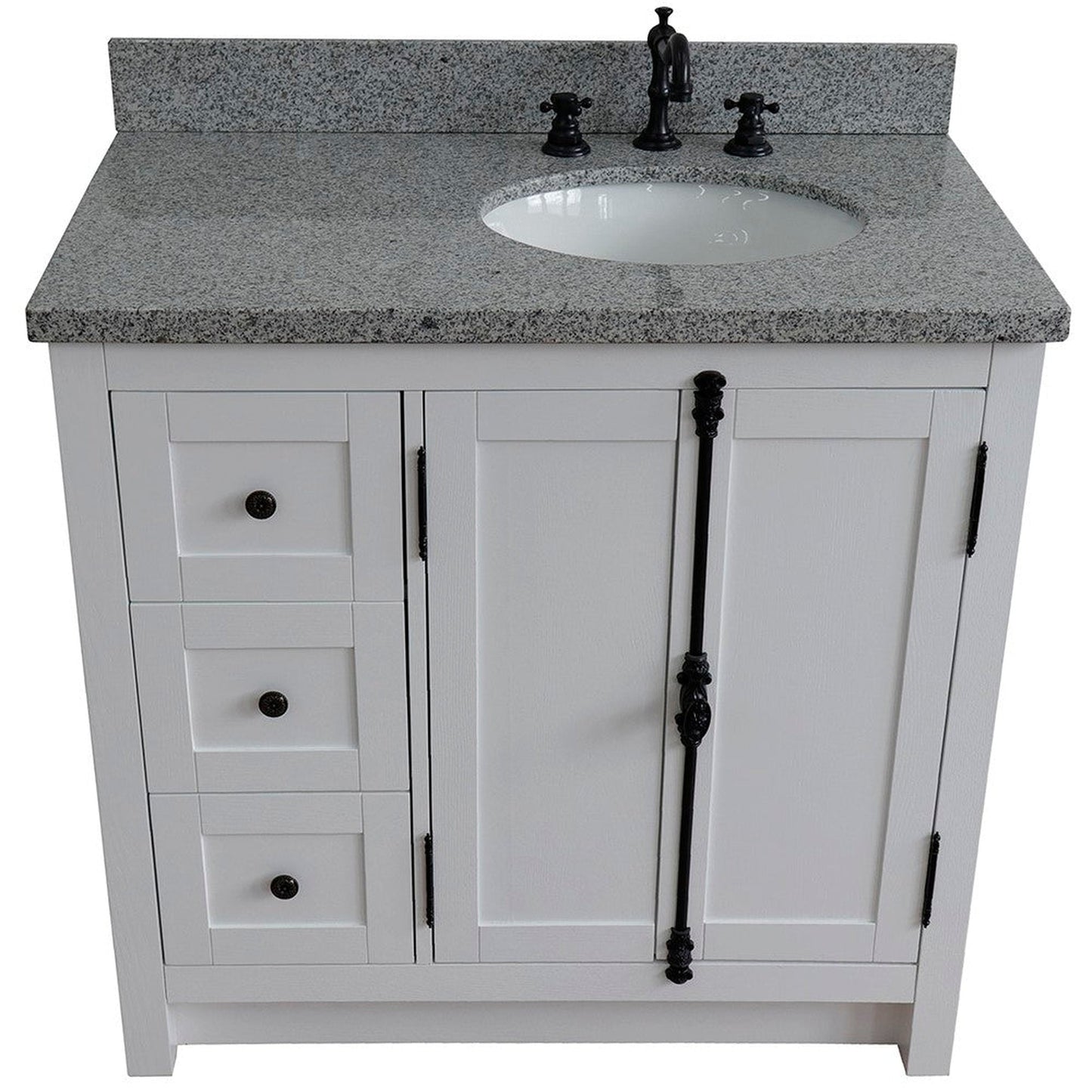 Bellaterra Home Plantation 37" 2-Door 3-Drawer Glacier Ash Freestanding Vanity Set With Ceramic Right Offset Undermount Oval Sink and Gray Granite Top