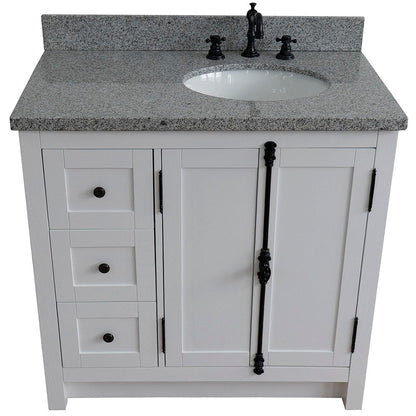 Bellaterra Home Plantation 37" 2-Door 3-Drawer Glacier Ash Freestanding Vanity Set With Ceramic Right Offset Undermount Oval Sink and Gray Granite Top