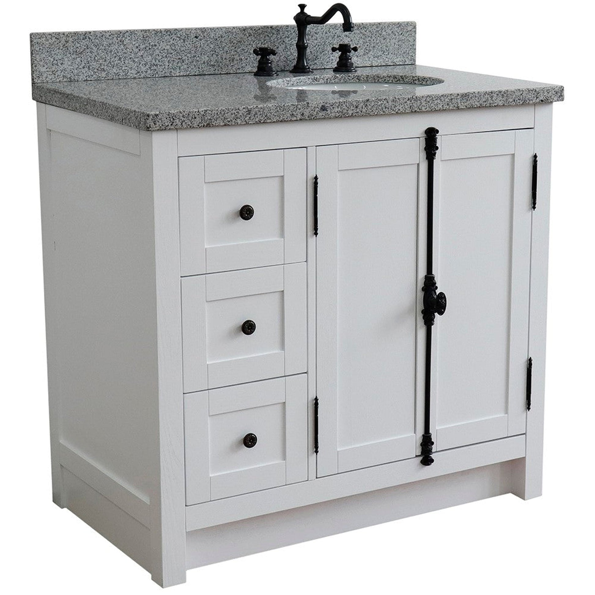 Bellaterra Home Plantation 37" 2-Door 3-Drawer Glacier Ash Freestanding Vanity Set With Ceramic Right Offset Undermount Oval Sink and Gray Granite Top