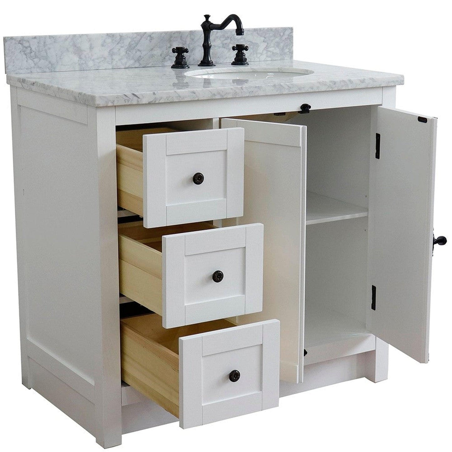 Bellaterra Home Plantation 37" 2-Door 3-Drawer Glacier Ash Freestanding Vanity Set With Ceramic Right Offset Undermount Oval Sink and White Carrara Marble Top