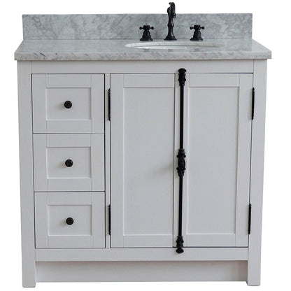 Bellaterra Home Plantation 37" 2-Door 3-Drawer Glacier Ash Freestanding Vanity Set With Ceramic Right Offset Undermount Oval Sink and White Carrara Marble Top