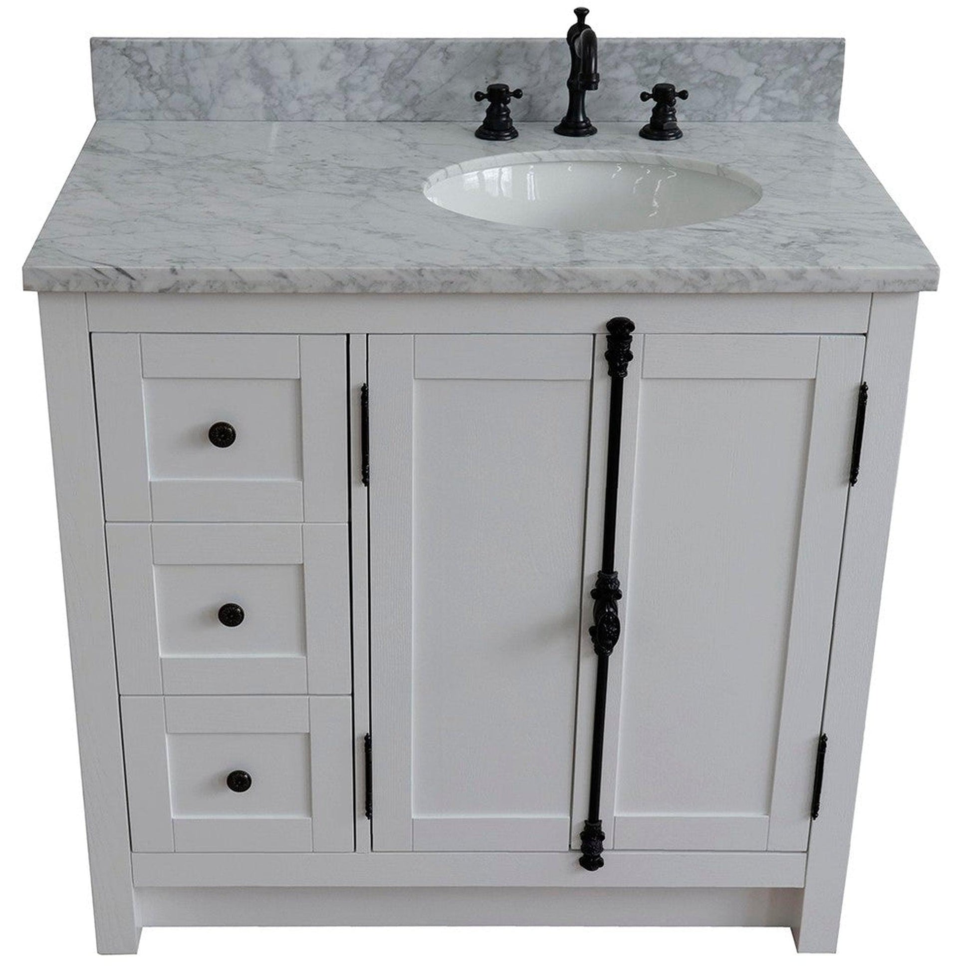 Bellaterra Home Plantation 37" 2-Door 3-Drawer Glacier Ash Freestanding Vanity Set With Ceramic Right Offset Undermount Oval Sink and White Carrara Marble Top