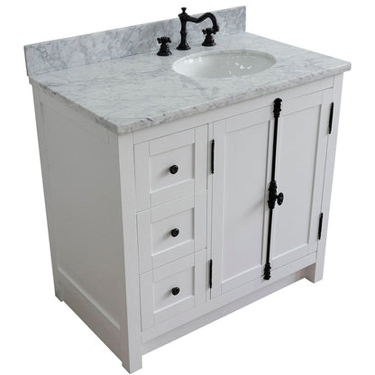 Bellaterra Home Plantation 37" 2-Door 3-Drawer Glacier Ash Freestanding Vanity Set With Ceramic Right Offset Undermount Oval Sink and White Carrara Marble Top